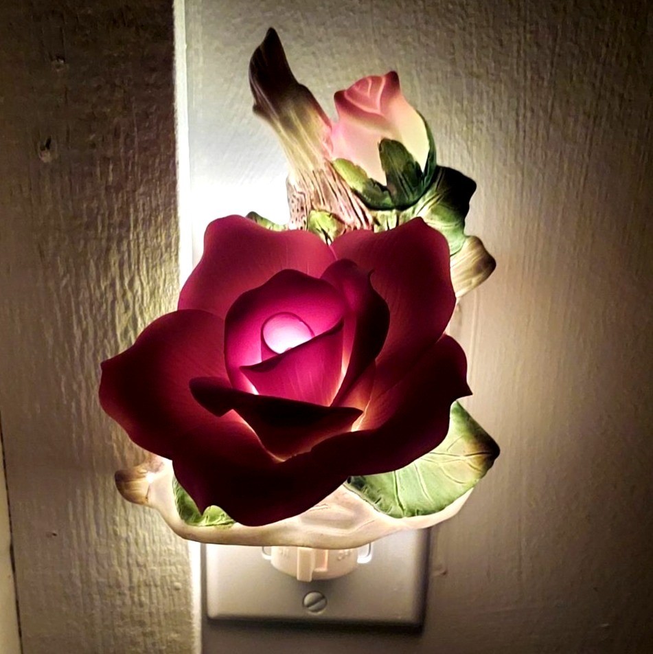 Capodimonte Style Porcelain Double Pink Rose on Branch Decorative Night Light