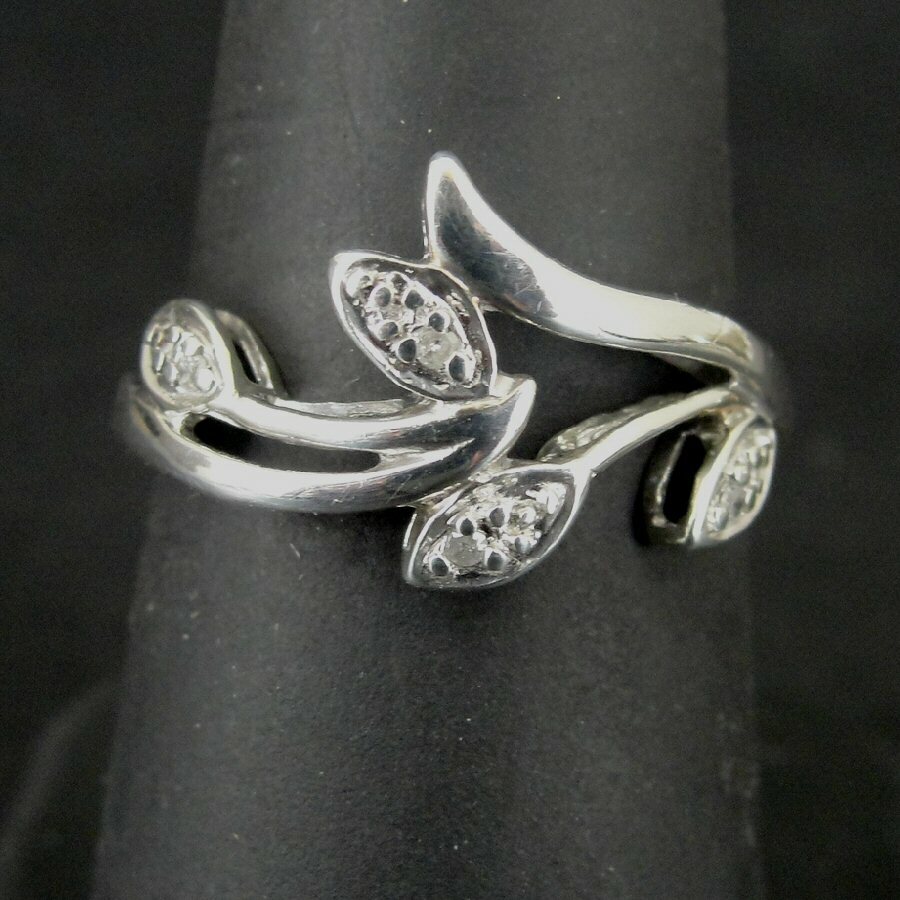 Ring Silver Leaves with Cubic Zirconia Accent Stones Band Sterling 925 Size 7