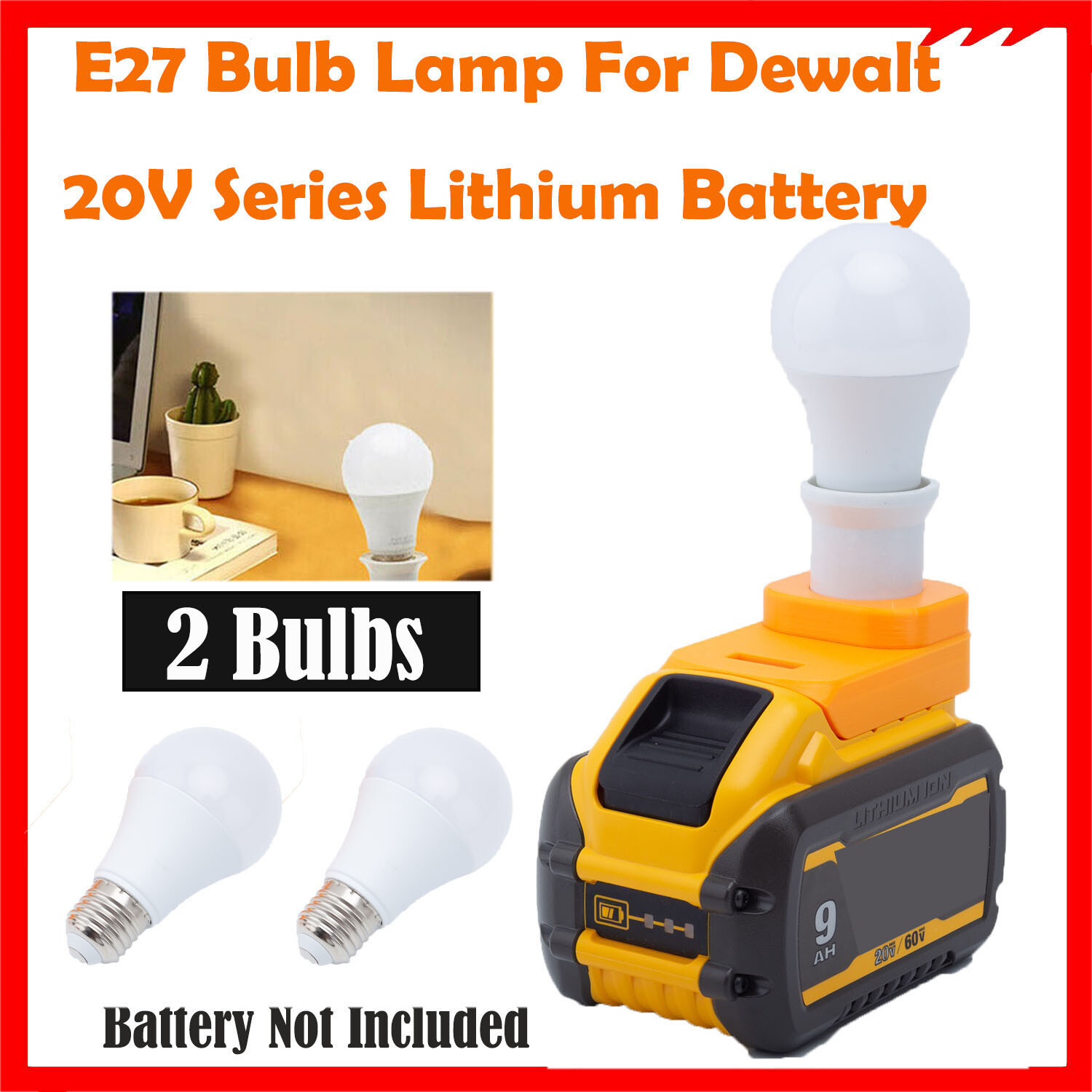 Portable LED Work Light For Dewalt 18V 20V Li-ion Battery E27 w/2 Bulbs Indoor