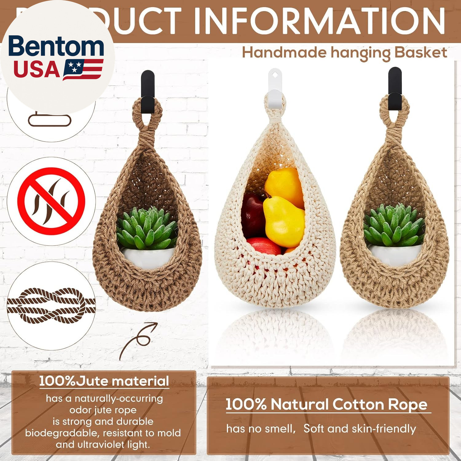 Boho Decor Hanging Wall Baskets for Kitchen 3 Pack Teardrop Baskets with Hooks S