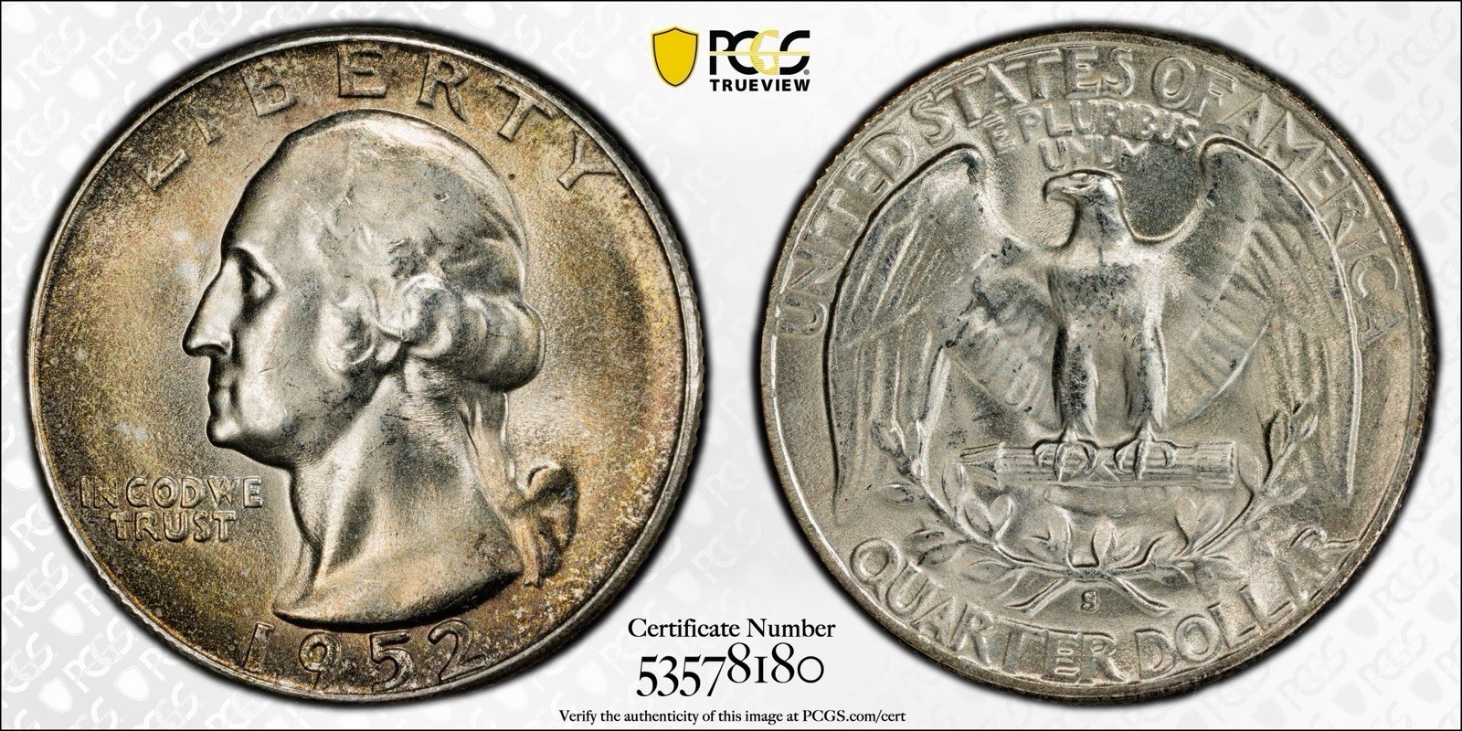 1952-S/S FS-502 WASHINGTON QUARTER MS 66 PCGS Toned.