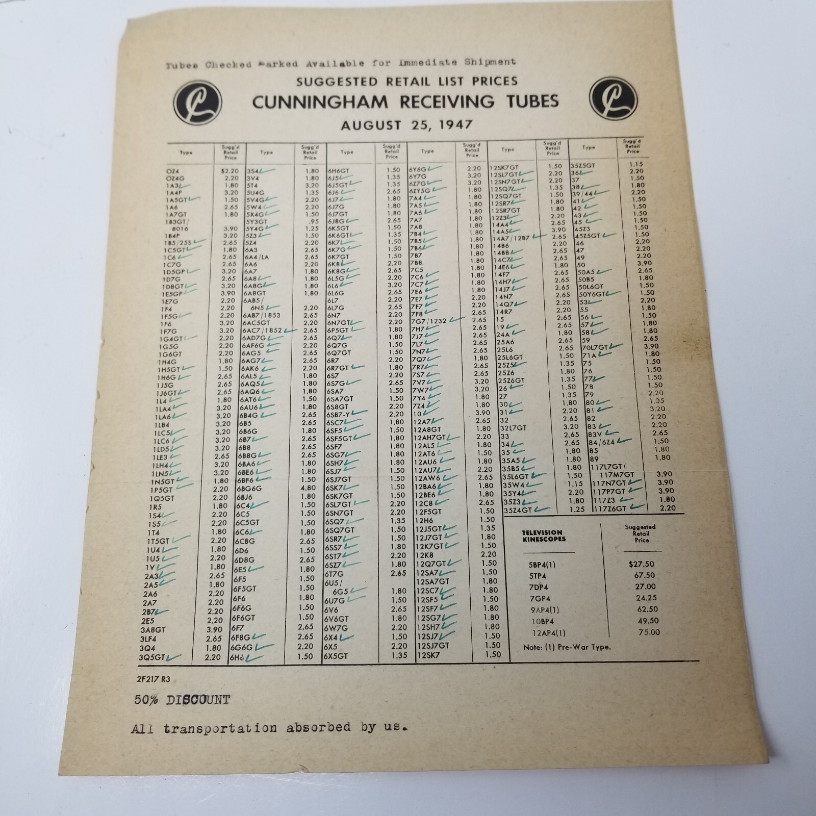 Cunningham Electron Tubes Price List 1947 Kinescopes Receiving Radio Corporation