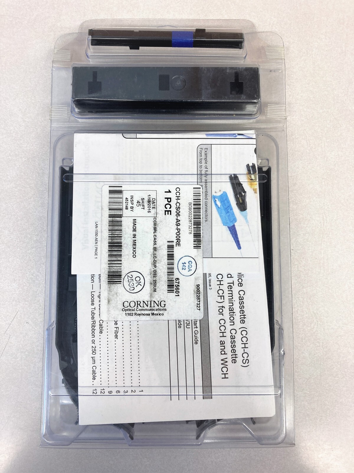 Corning CCH-CS06-A9-P00RE Pigtailed Splice Cassette 6 F, LC Duplex SM, OS2, UPC
