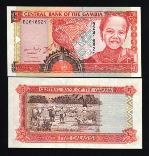 Gambia 5 DALASI P-16 1996 Bird Cattle UNC World Currency Gambian Animal NOTE