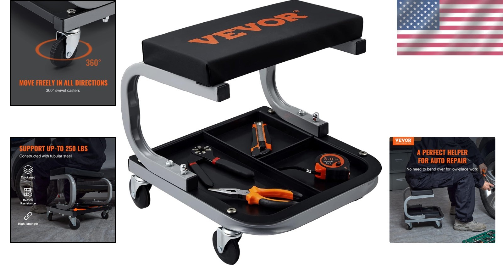 Comfortable 250 lb Capacity Workshop Stool with Tool Tray - Mechanic's Essential