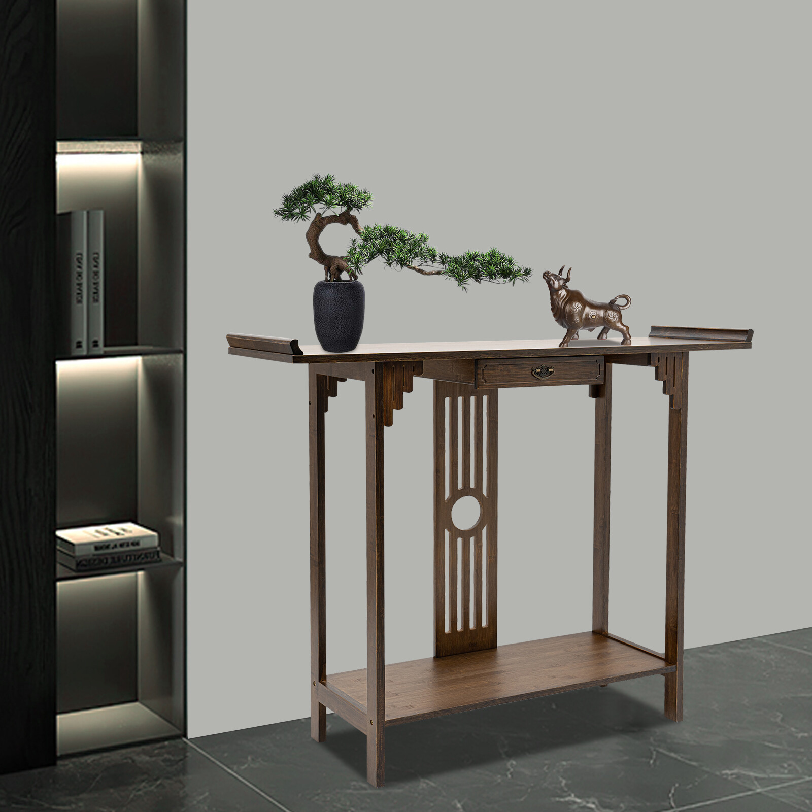 2 Tiers Walnut Sofa Table Bamboo Entryway Table Table With Storage Shelves