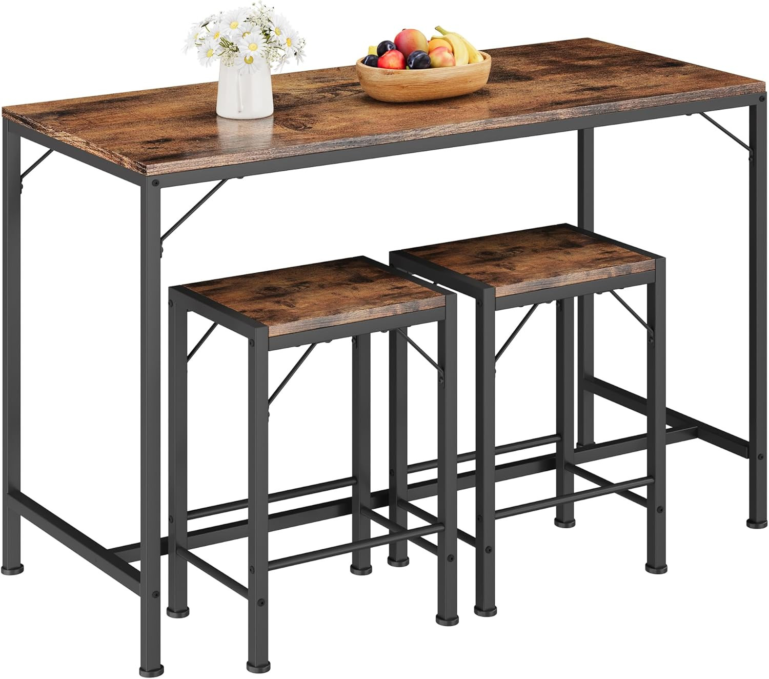Bar Table and Chairs Set, Bar Table with 2 Stools, Space-Saving Dining Pub Set f
