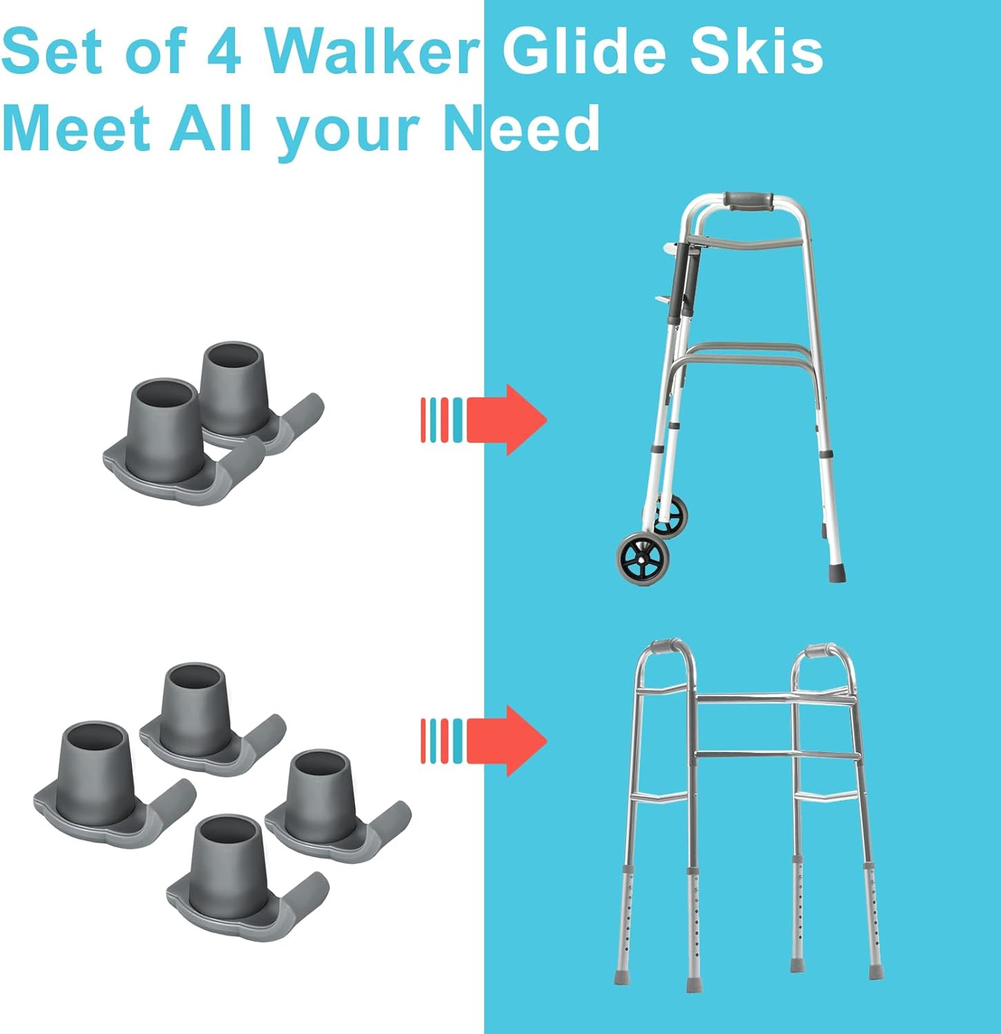 Walker Ski Glider Feet Slider with Curved Tips, 4 Pcs