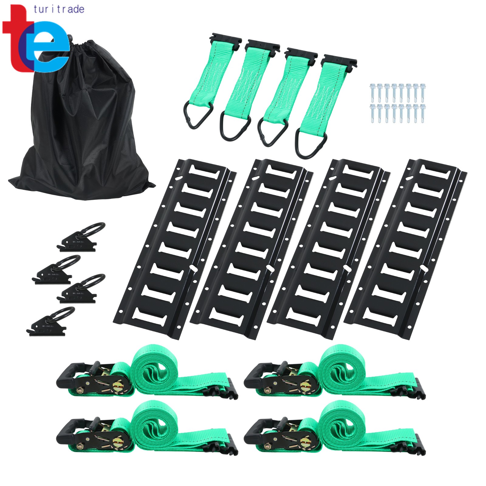 Green Tie-Down 4×1.3' E Track Rails 4x 12' Ratchet Straps 4x O Rings 4x D-Ring