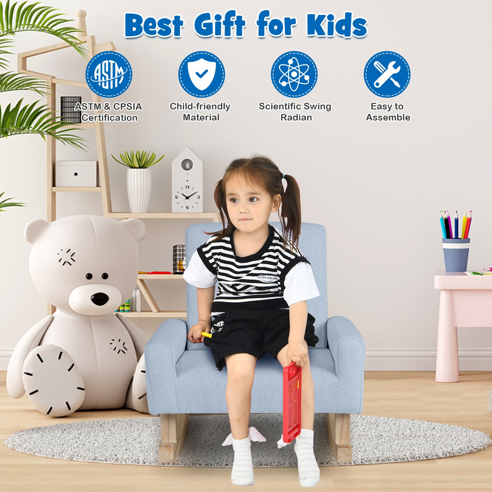 Kids Rocking Chair, Toddler Modern Linen Fabric Armchair for 3-5 Years Old