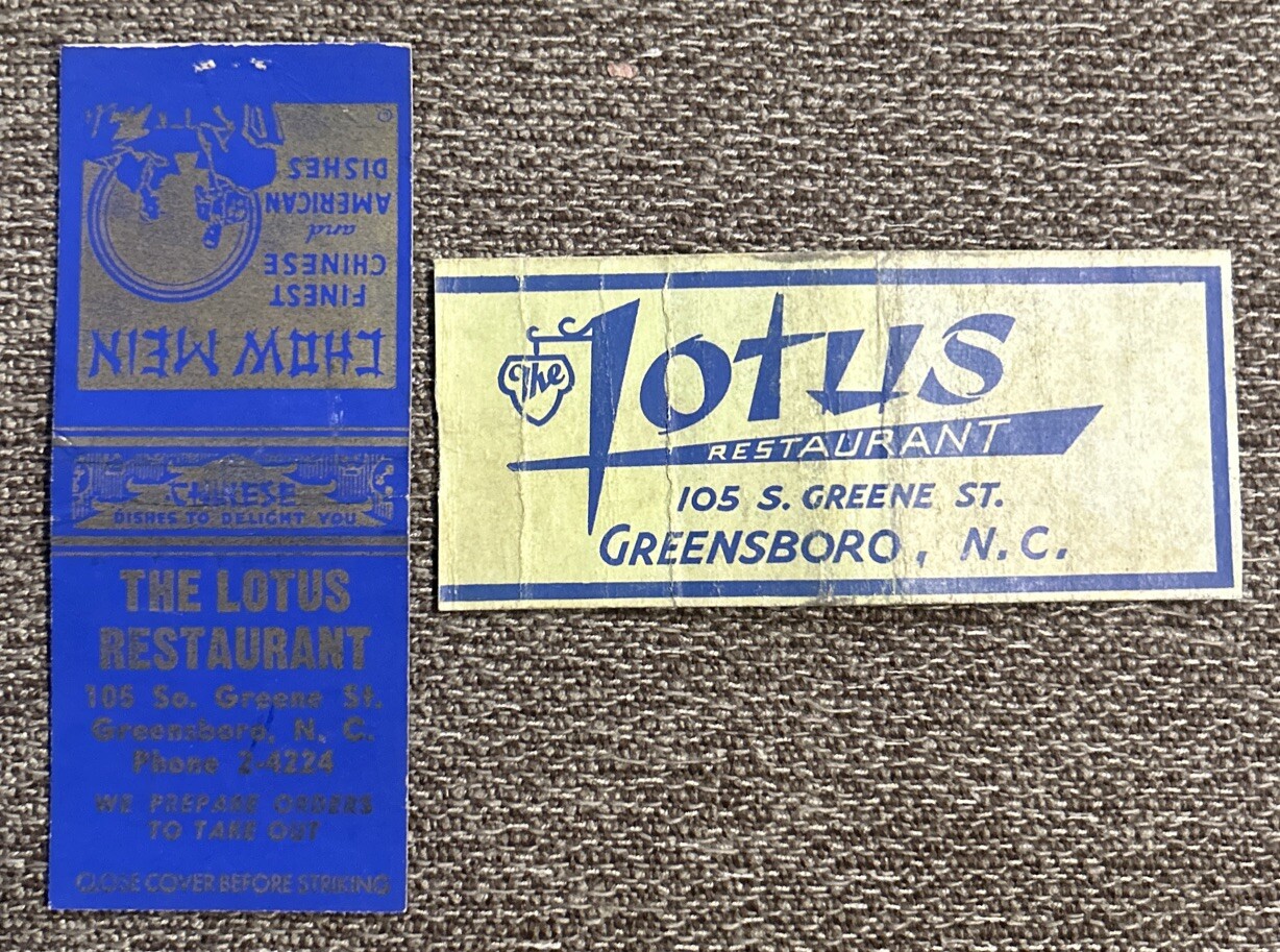 VTG The Lotus Restaurant Matchbook Cover Lot, 105 S. Greene St. Greensboro, N.C.