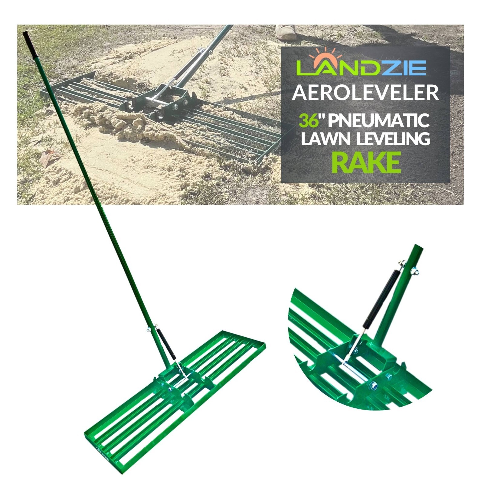 LANDZIE AeroLeveler - Patented 36 inch Wide Pneumatic Lawn Leveling Rake