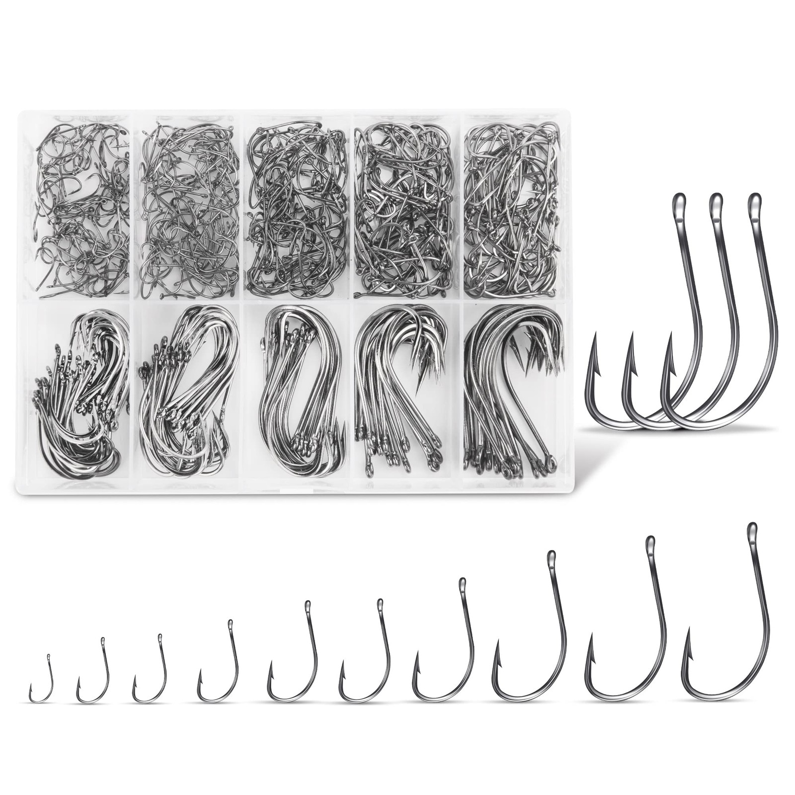 Carbon Steel Fishing Hooks 500 Pcs, Circle Assortment for 24, silver