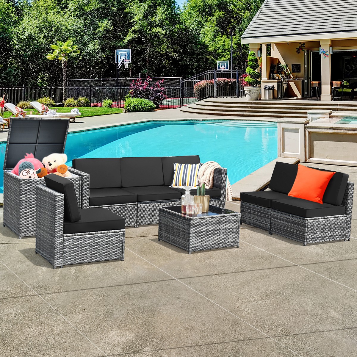 8 PCS Wicker Sofa Rattan Furniture Set Patio Furniture w/ Storage Table Black