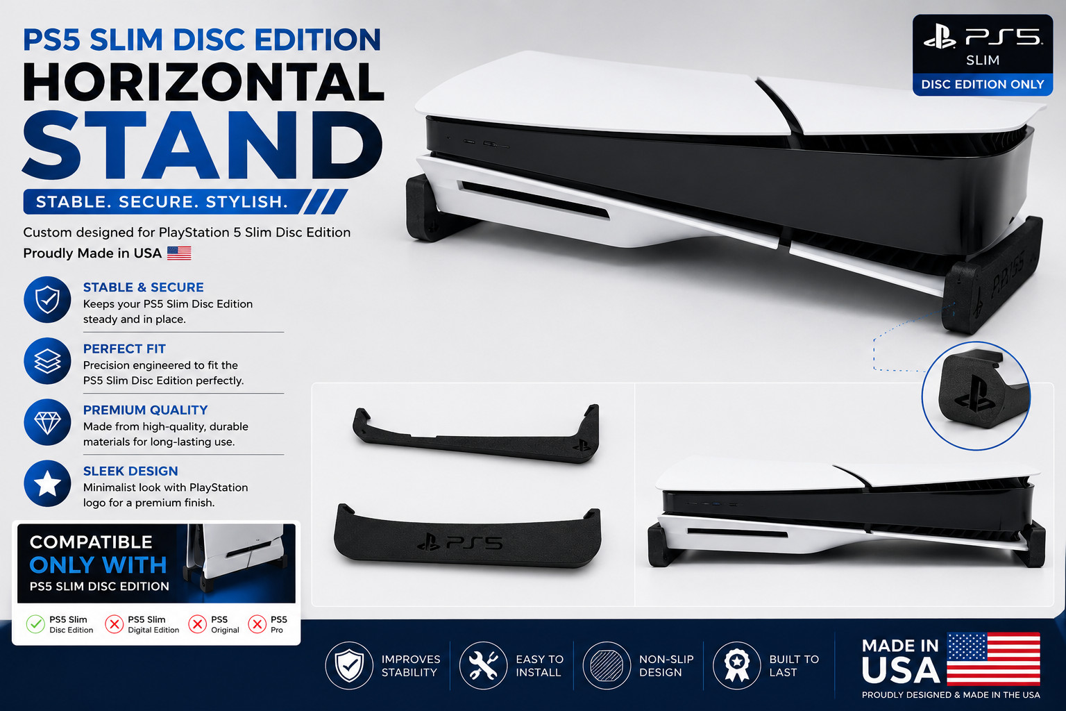 PS5 Slim Disc Horizontal Stand with Logo | Made in USA | Fits PS5 Slim Disc Only