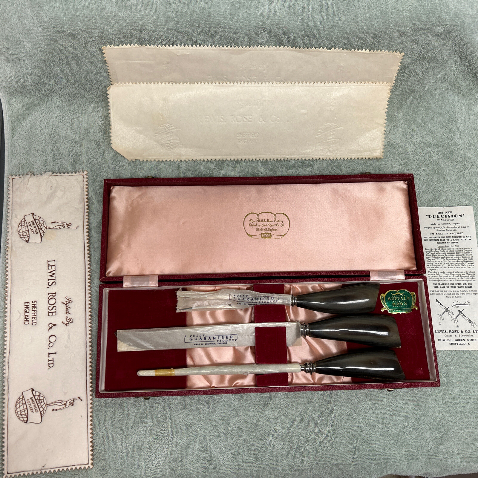 Vintage Lewis & Rose Co. Buffalo Horn Cutlery Carving Set Sheffield England NIB
