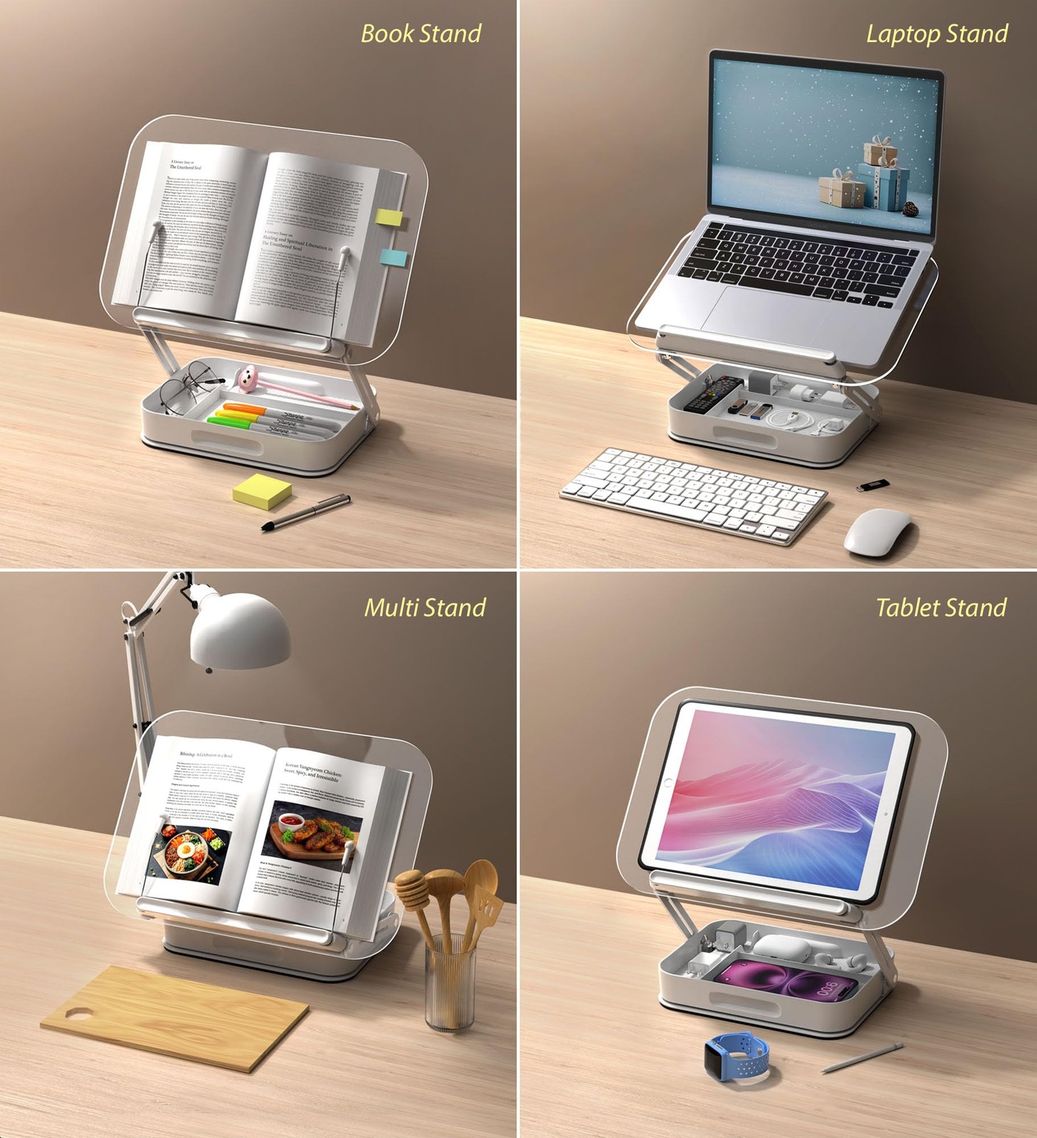 Acrylic Book Stand with Storage, 360° Rotating, Foldable Storage