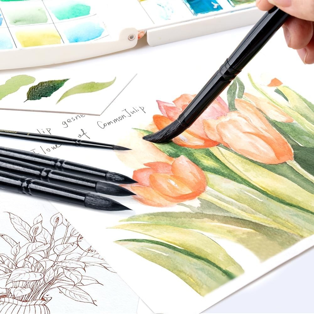 Luxury 8-Piece Round Brushes Set - Goat Hair for Watercolor and Acrylic Mastery
