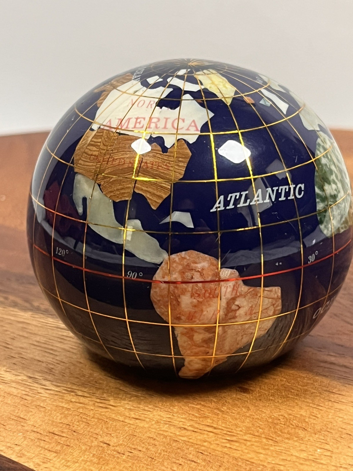 3″ Hardstone Inlaid Gemstone World Globe Paperweight Blue Stone Desk Decor