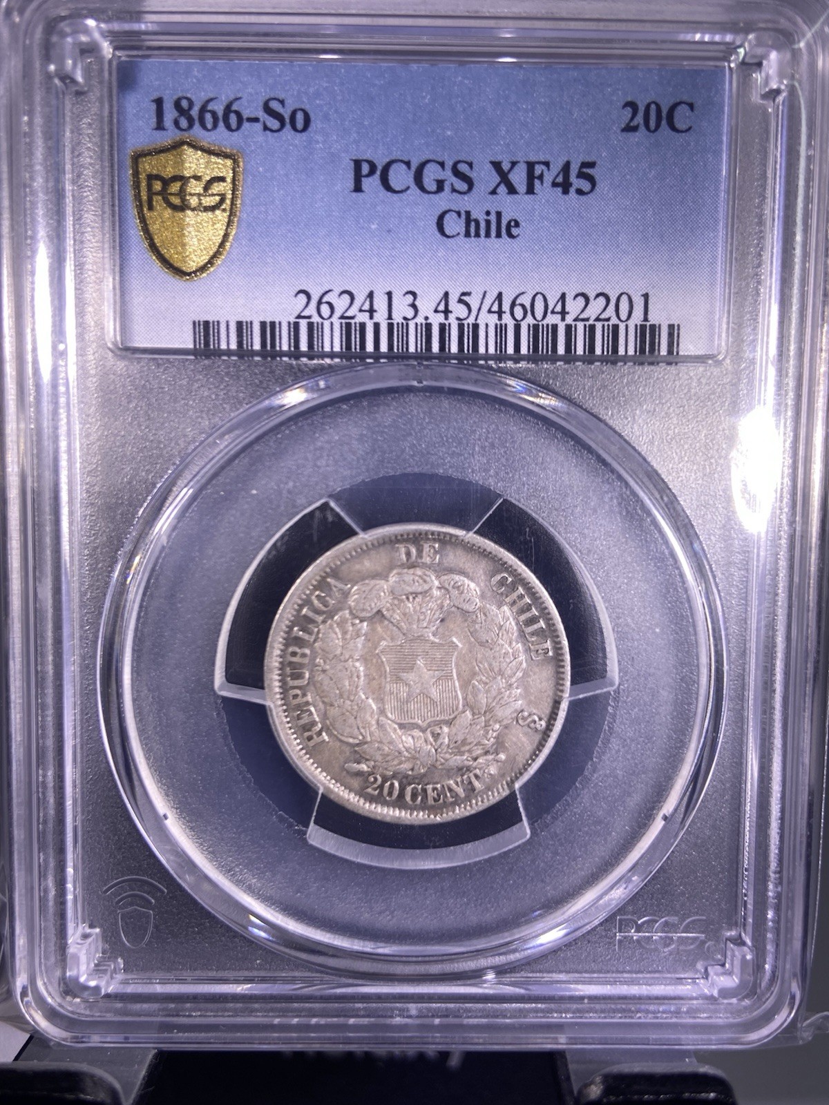 1866 So Chile 20 Centavos PCGS XF45 POP 1 - 1 HIGHER!!