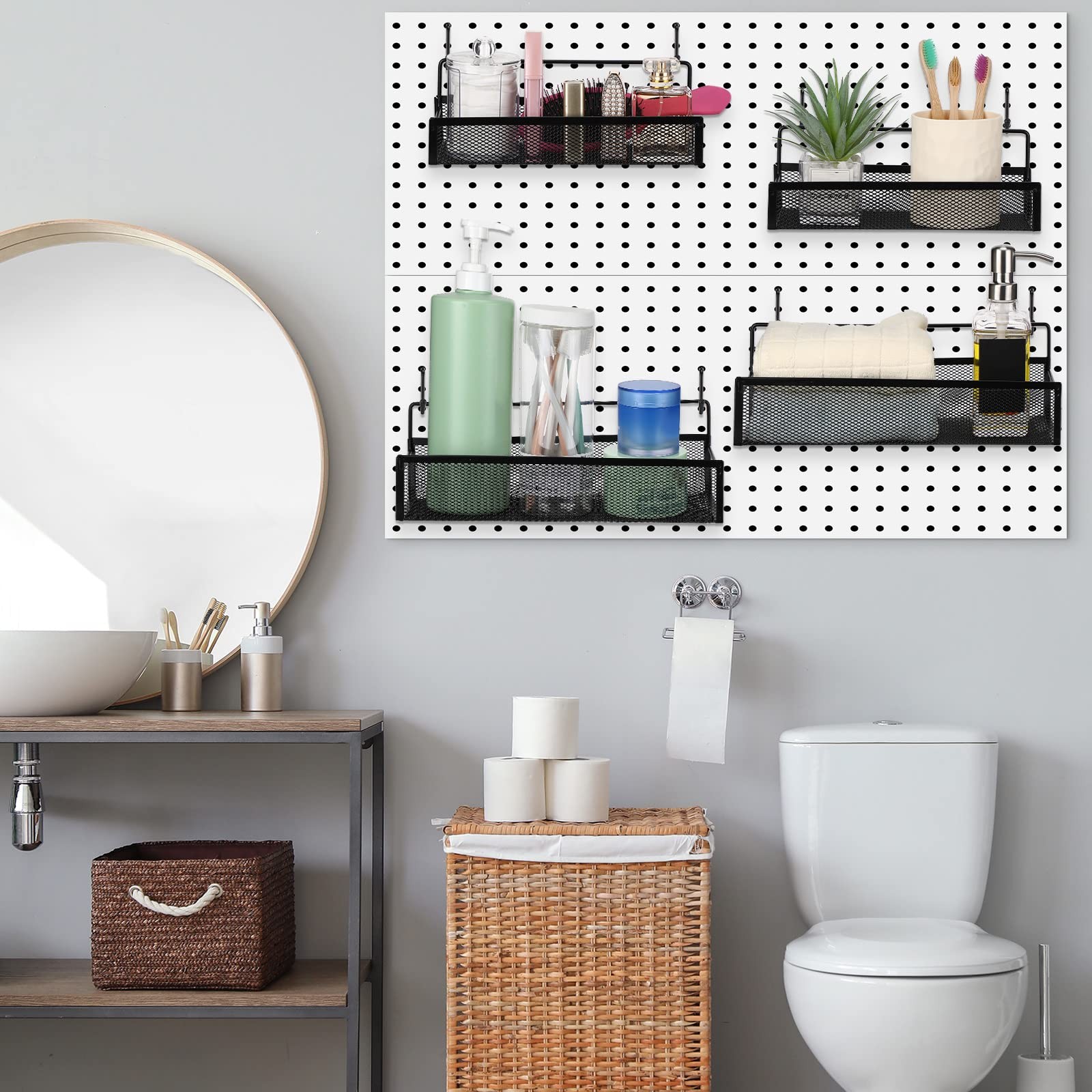 4 PCS Metal Pegboard Baskets with 8 Black Hooks Organizer Accessories