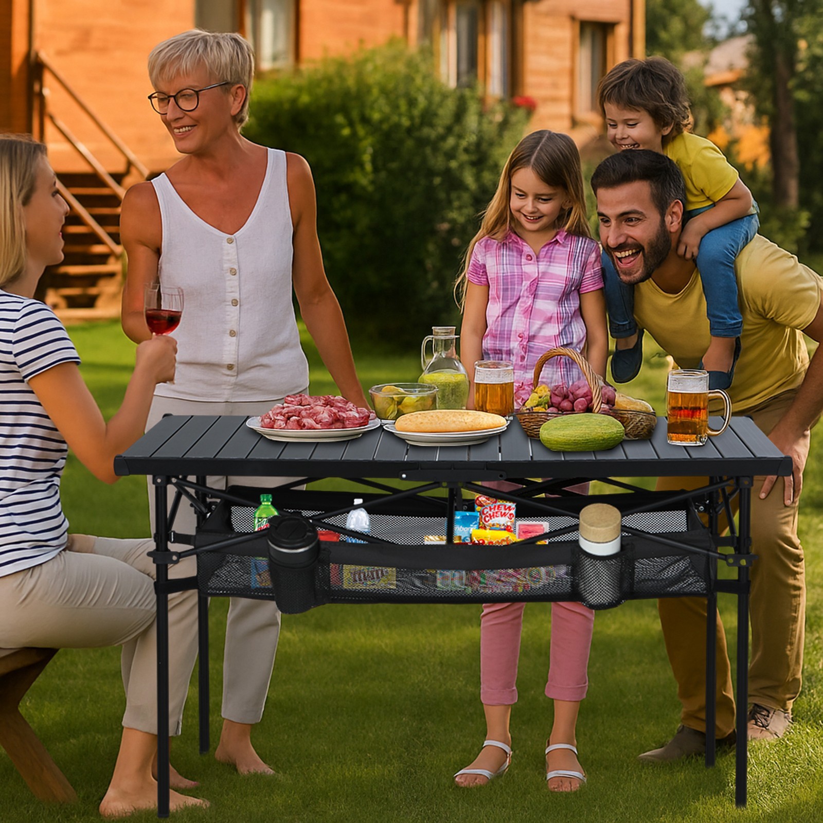 Black Aluminum Folding Camping Table with Mesh Storage, Cup Holders & Carry Bag