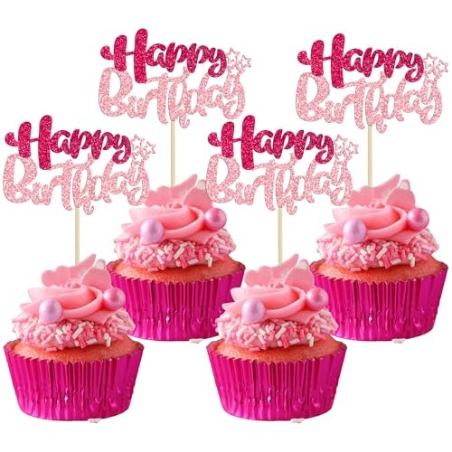 Ephlyn 24Pcs Happy Birthday Cupcake Toppers Double Layer Rose Red Pink Style 1