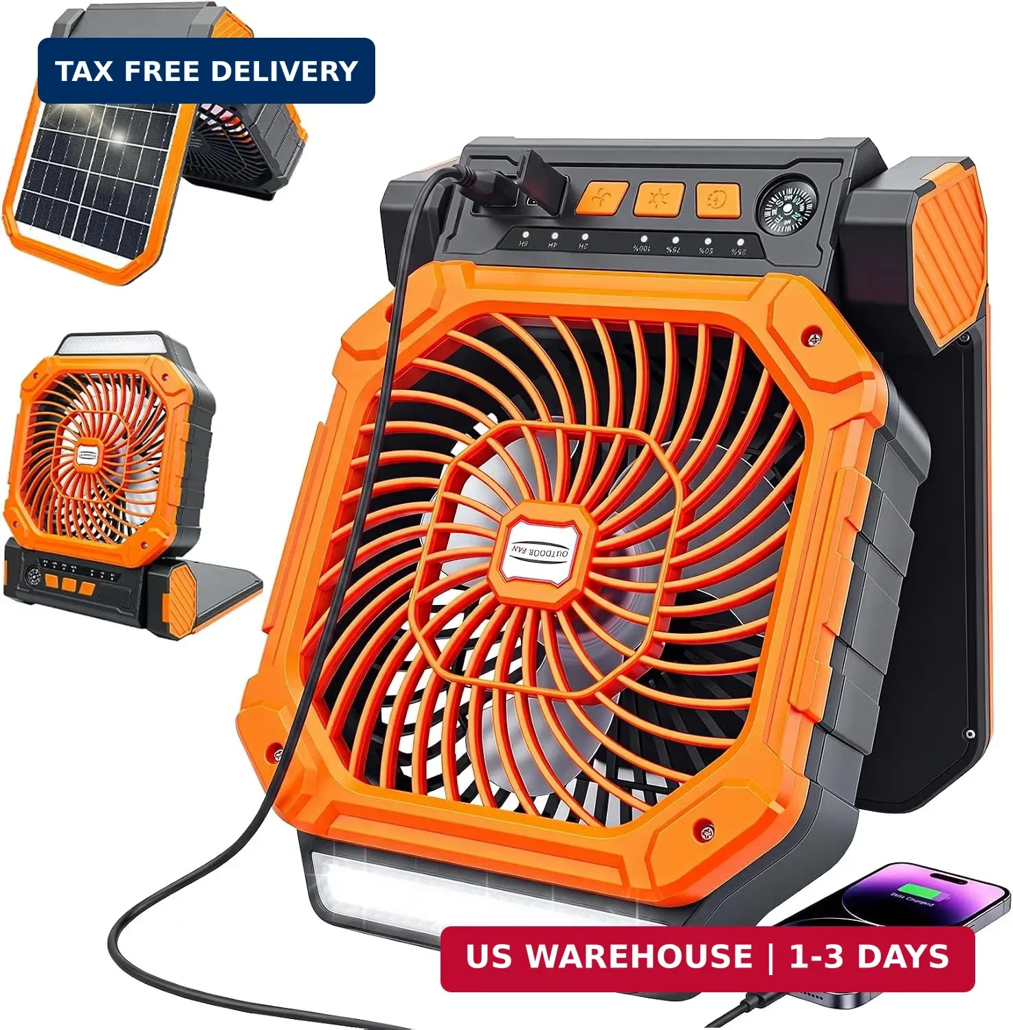 4-IN-1 Camping Fan, Portable Solar & Battery Powered Fan, Rechargeable Fan with