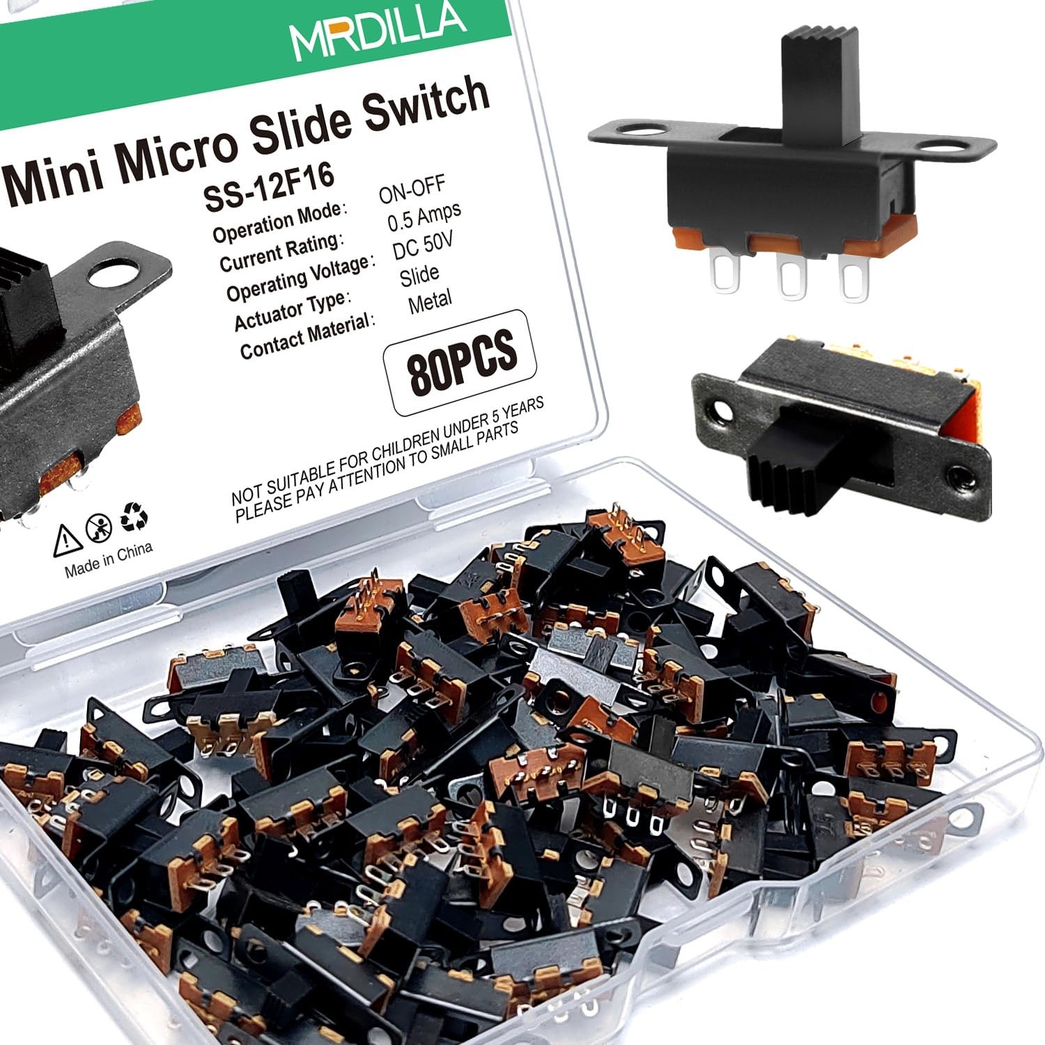 Micro Slide Switch SPDT 3 Pin 2 Position 5mm Vertical Toggle 1P2T Black 80 PCS