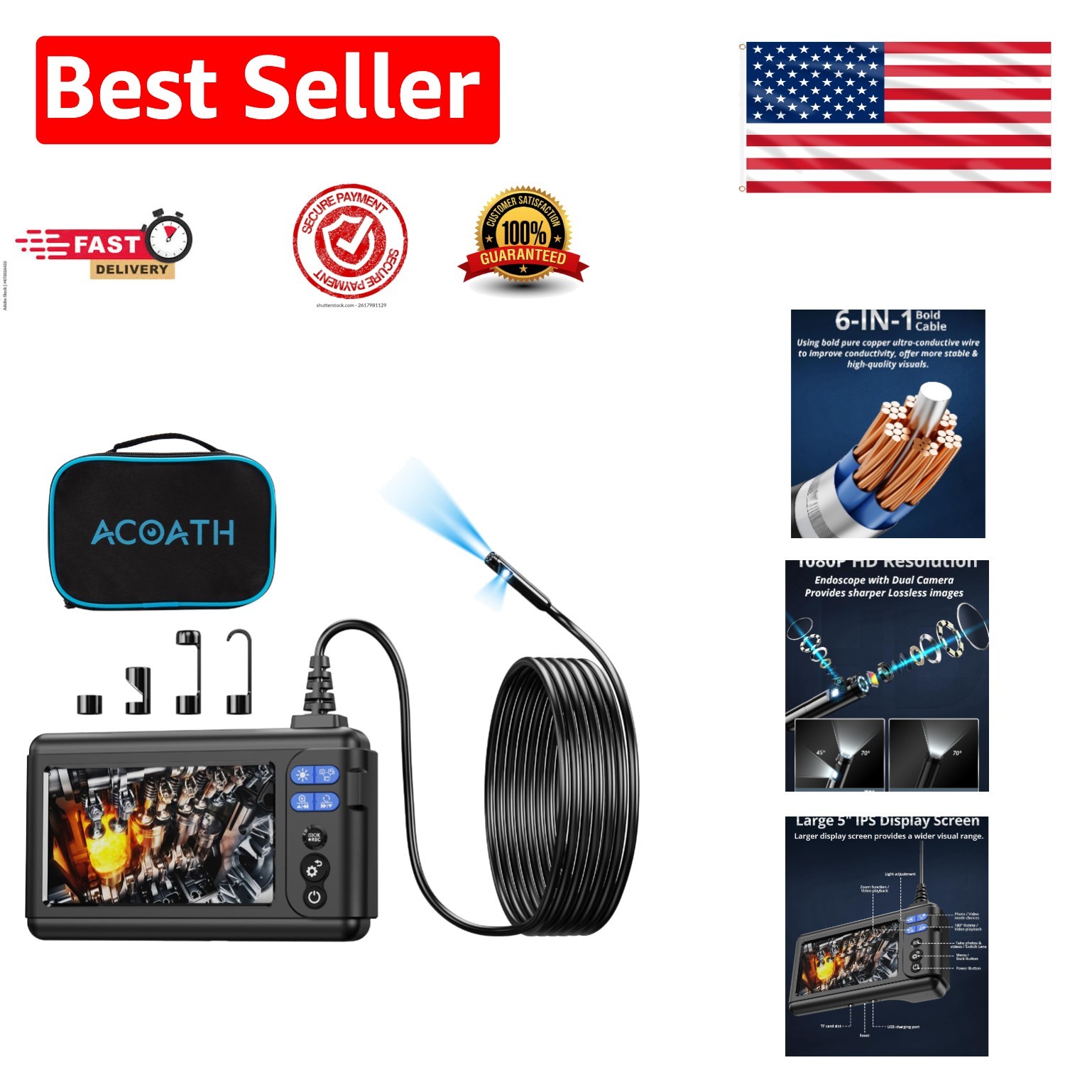 Professional-Level 1080P Endoscope Camera with 5" Screen & Waterproof Features