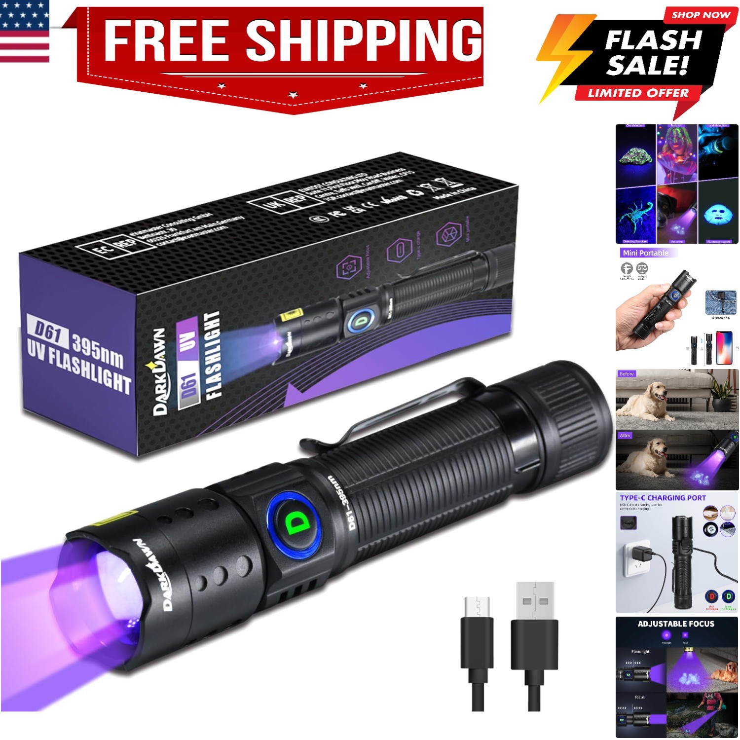 UV Flashlight 395nm Black Light Mini USB Rechargeable Ultraviolet LED Blackli...