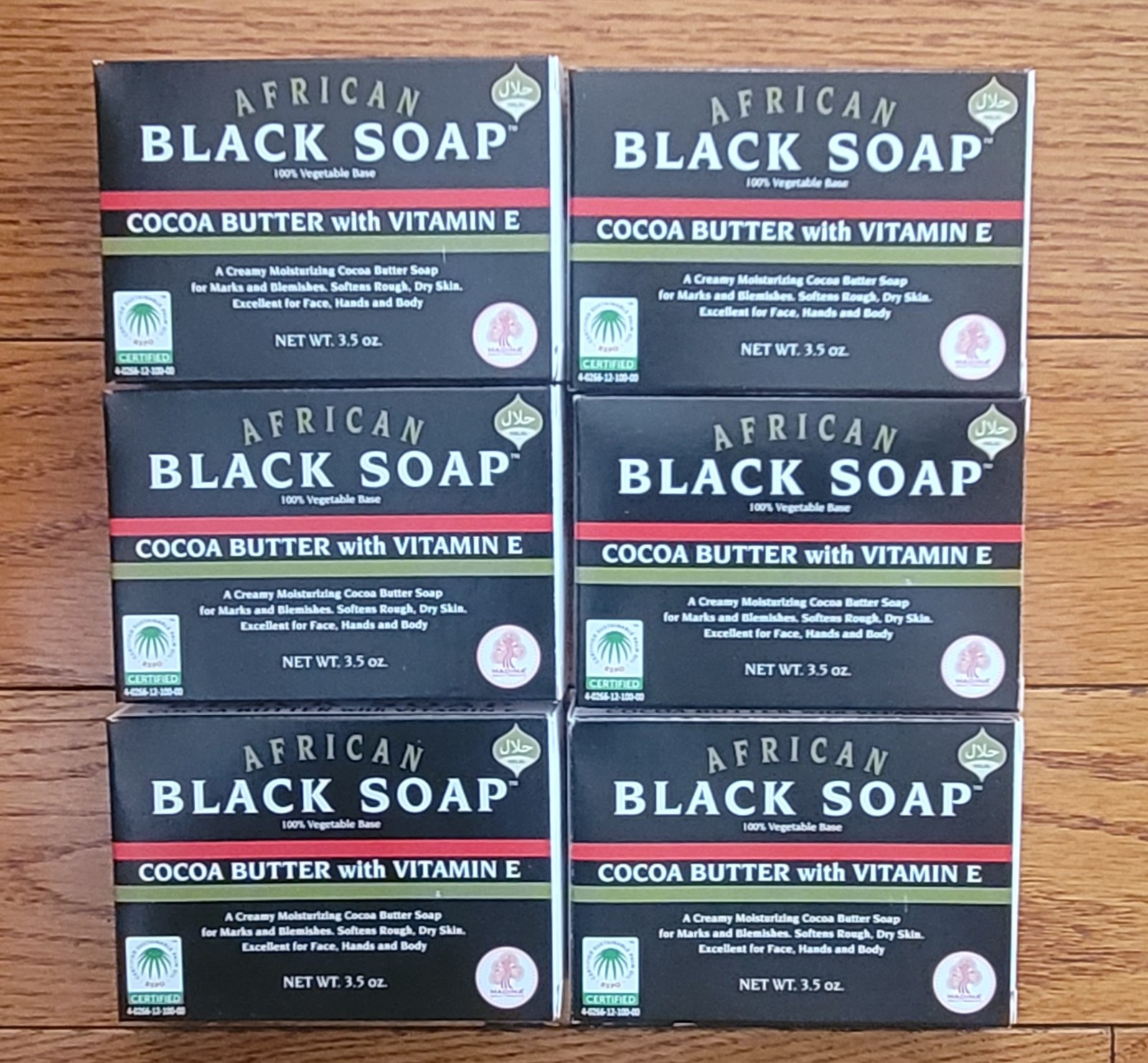 Madina African Black Soap with Cocoa Butter and Vitamin E (Pack of 6 Bars)
