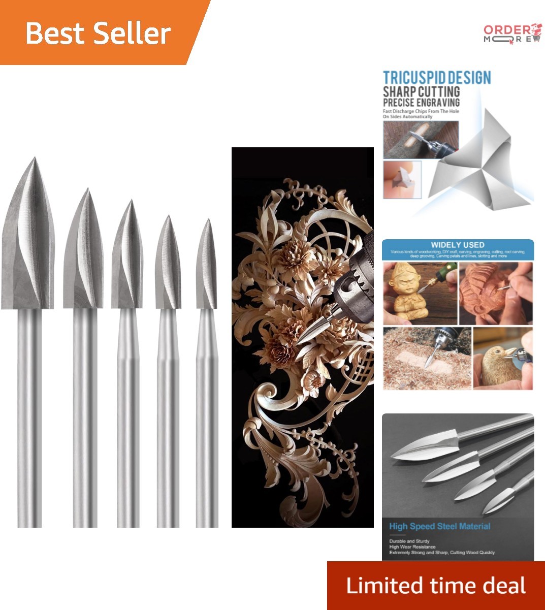 Wood Carving Tools Set 5 Pcs HSS Rotary Engraving Drill Bits for DIY Woodworking