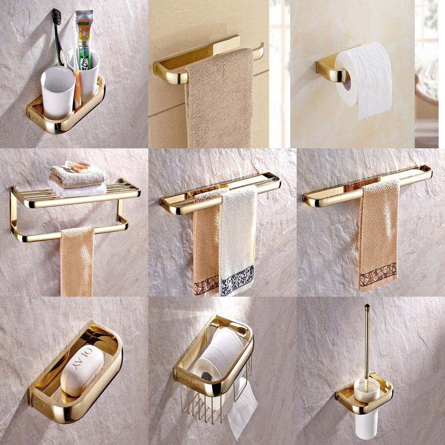 Gold Color Brass Square Bathroom Accessories Set Bath Hardware Towel Bar ee001