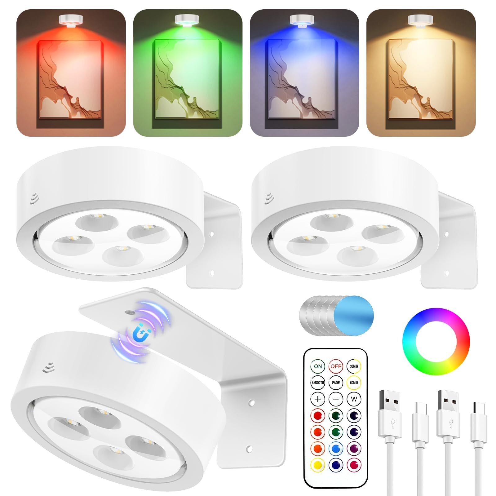 13 RGB Color Picture Lights for Wall - Rechargeable Battery Operated Poster L...