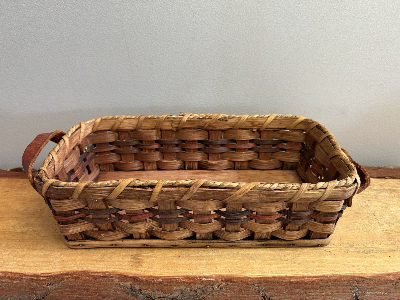 VTG, Amish, Serving Basket w/Leather Side Handles. Hand Made. It’s Old!
