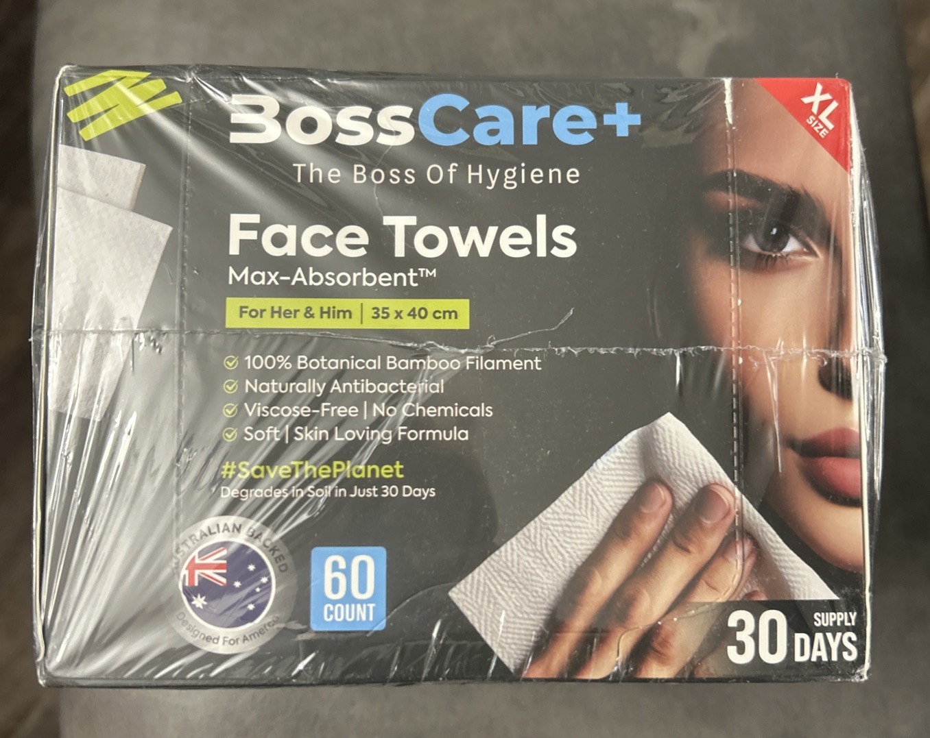 BossCare+ face towels 60 count extra-large soft Bamboo hypoallergenic