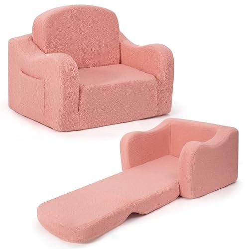 Comfy Toddler Chair & Kids, 2-in-1 Soft Couch Fold Out for Teddy Velvet Pink