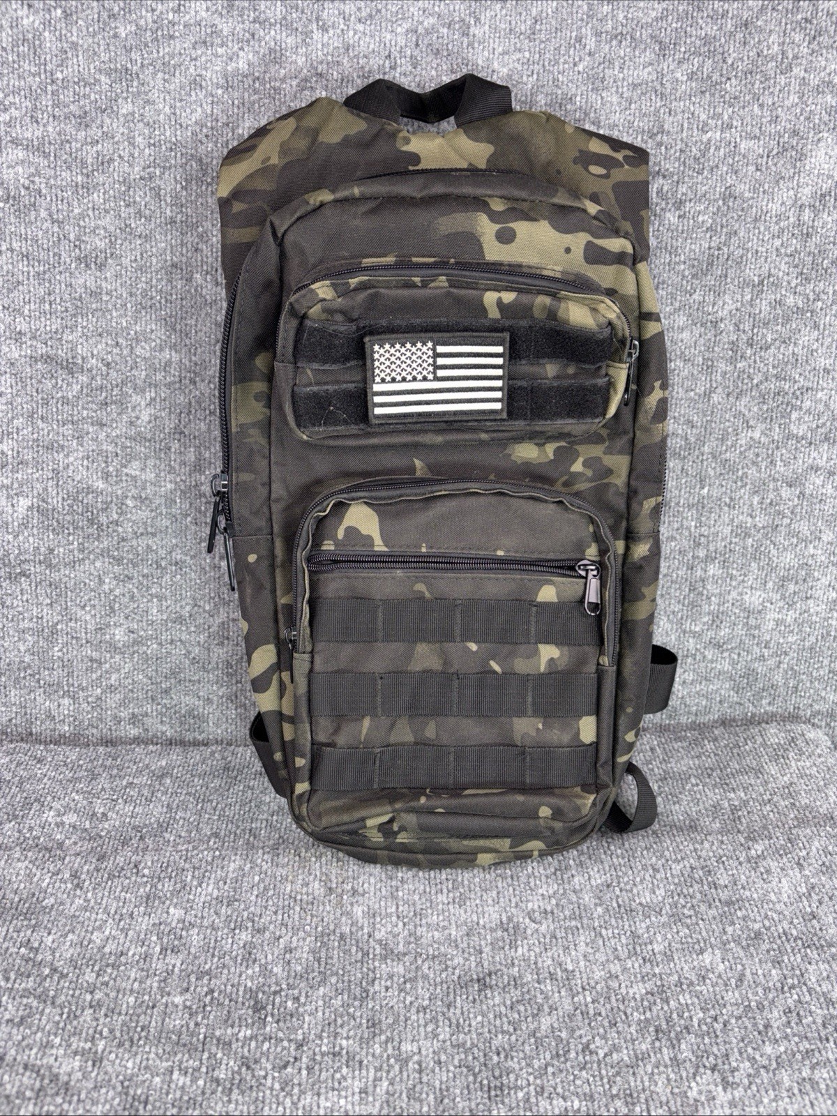 Tactical  Backpack 1.5L Black Camo Carrier MOLLE w/ US Flag Patch EUC