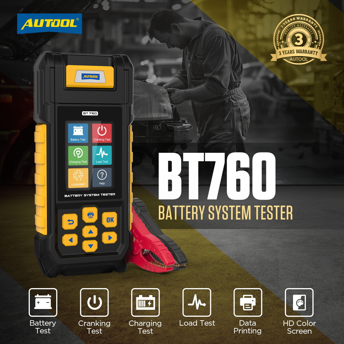 AUTOOL BT760 Battery Tester Load Charging Cranking Analyzer With Printer 8V~32V