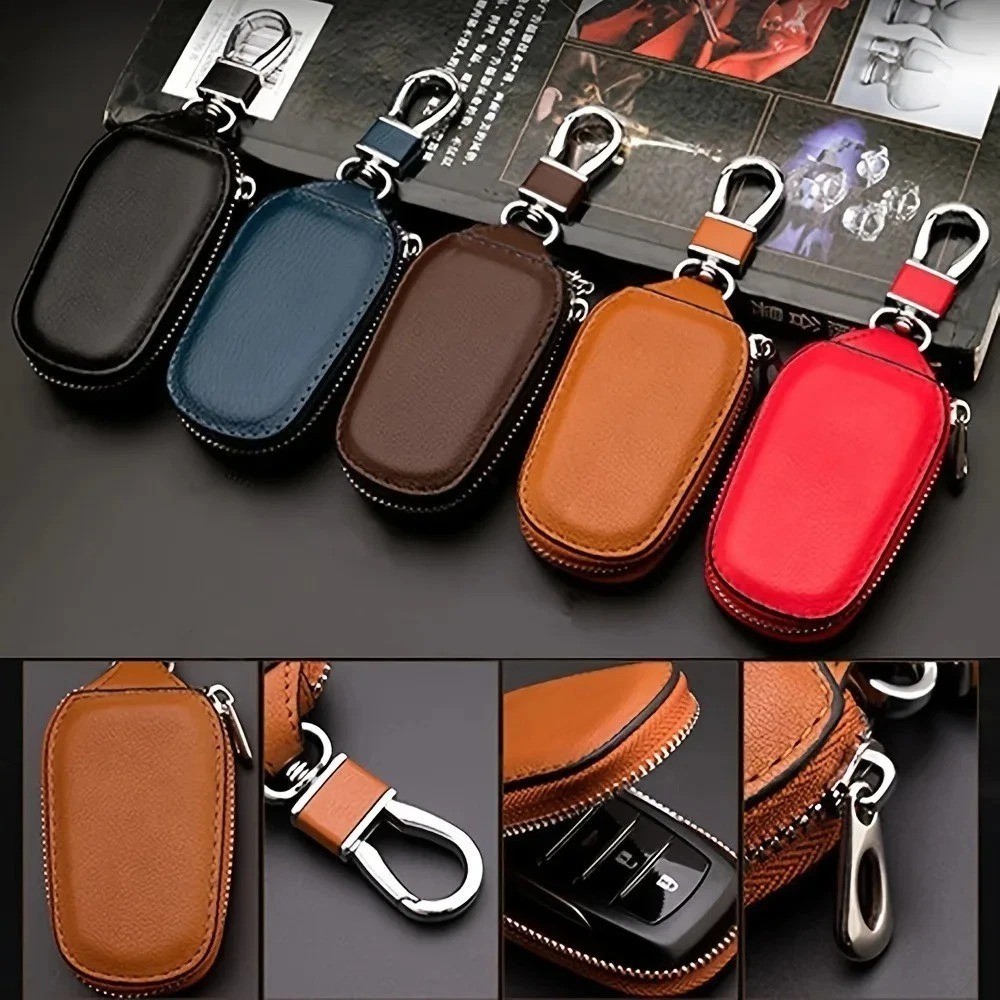 Leather Car Key Fob Cover Wallet Organizer Zipper Key Case Bag for Men Women