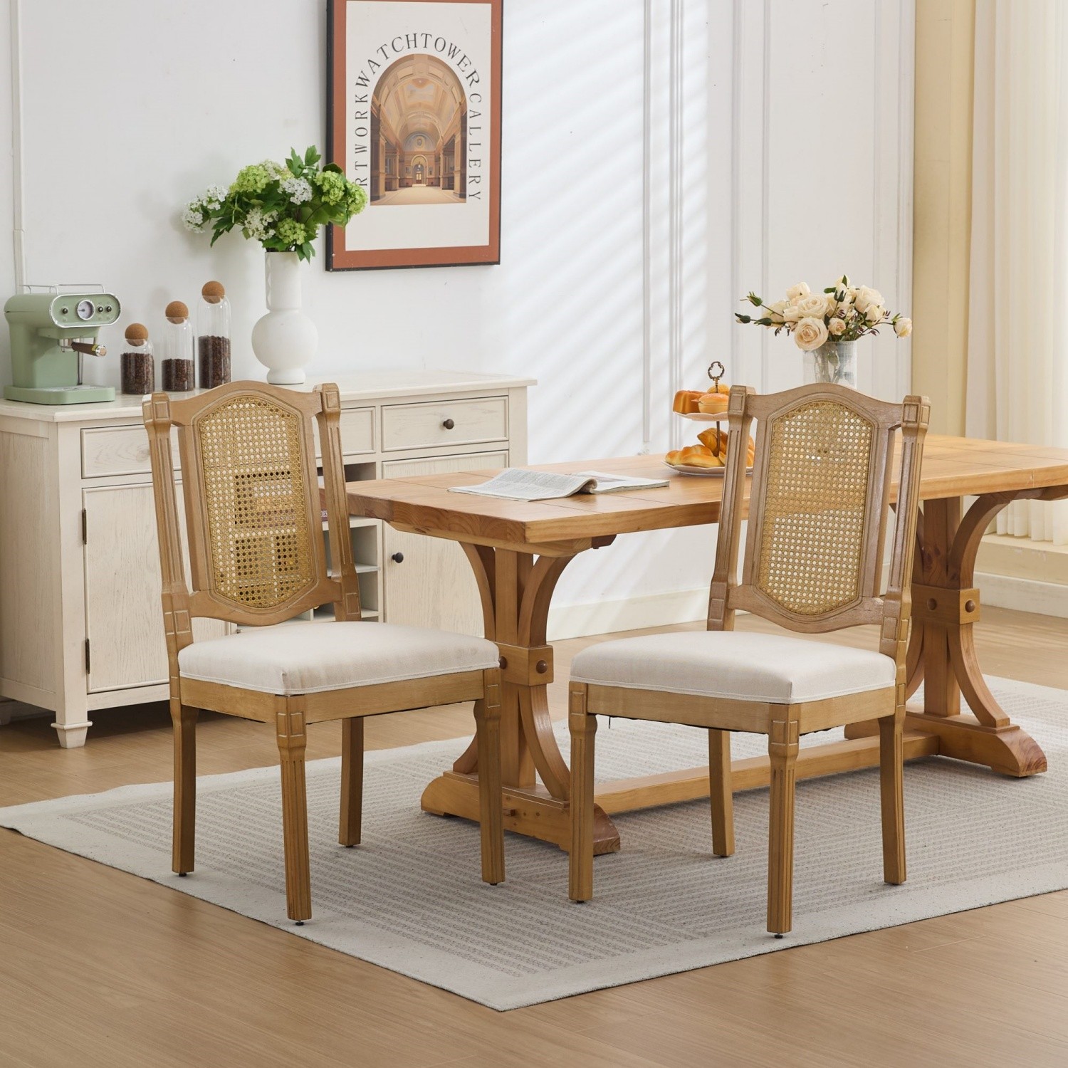 Set of 2 Upholstered Dining Chairs Solid Wood Rustic Kitchen Chair Rattan Back