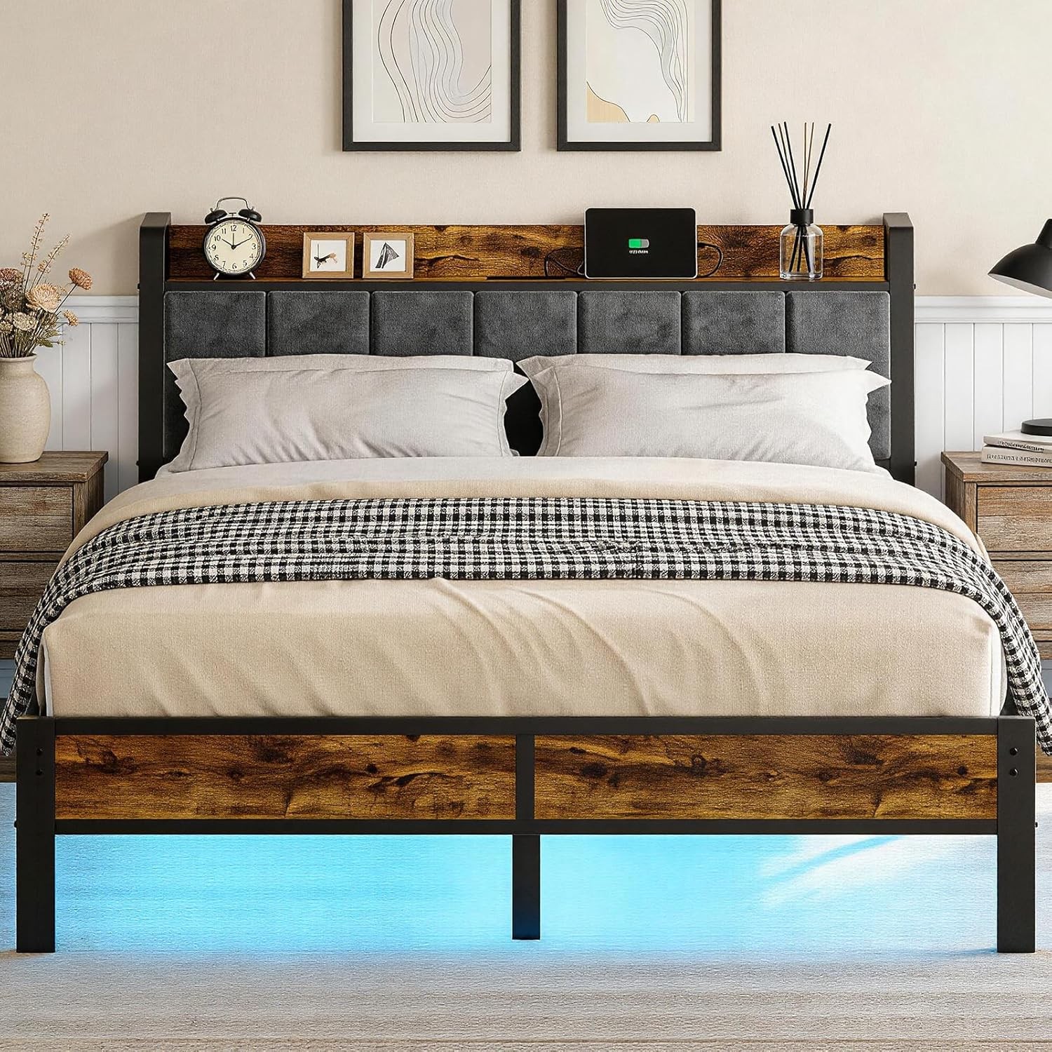 Queen Size Bed Fre with Charging Headboard, Metal Platform Bed with