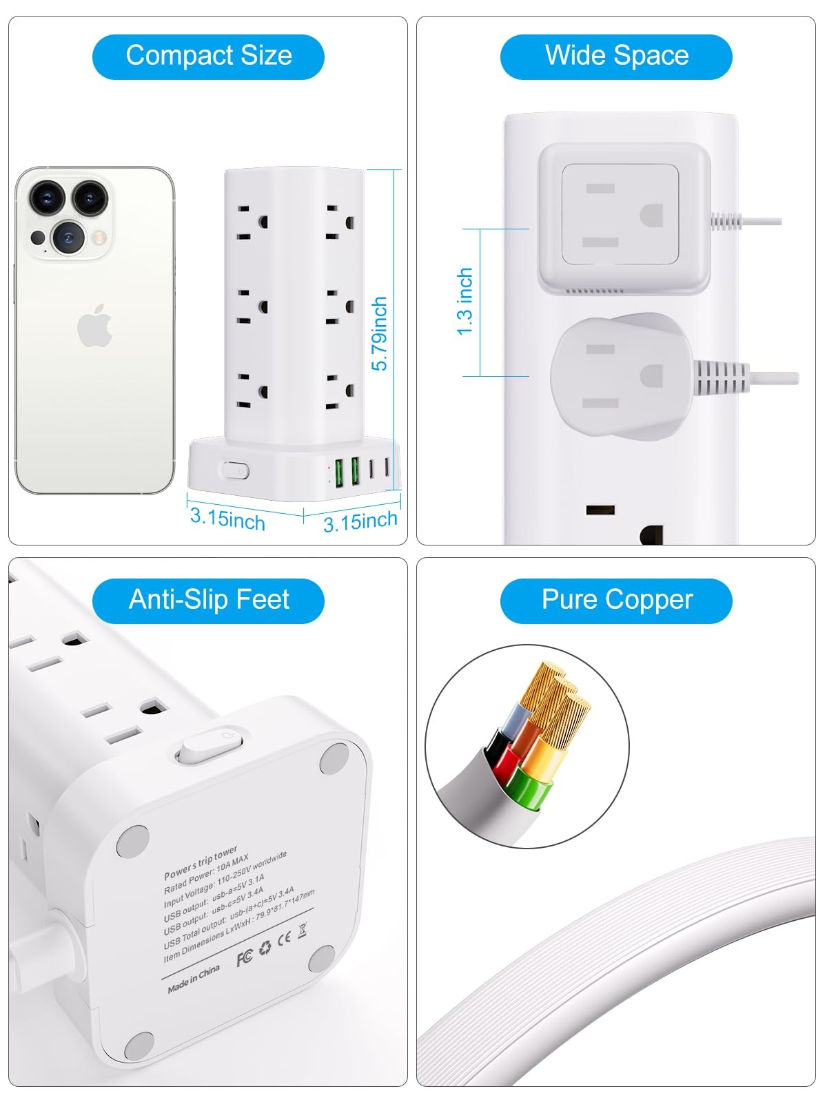 Power Strip Tower with Multiple Outlets, 6FT without Wireless Charging, White