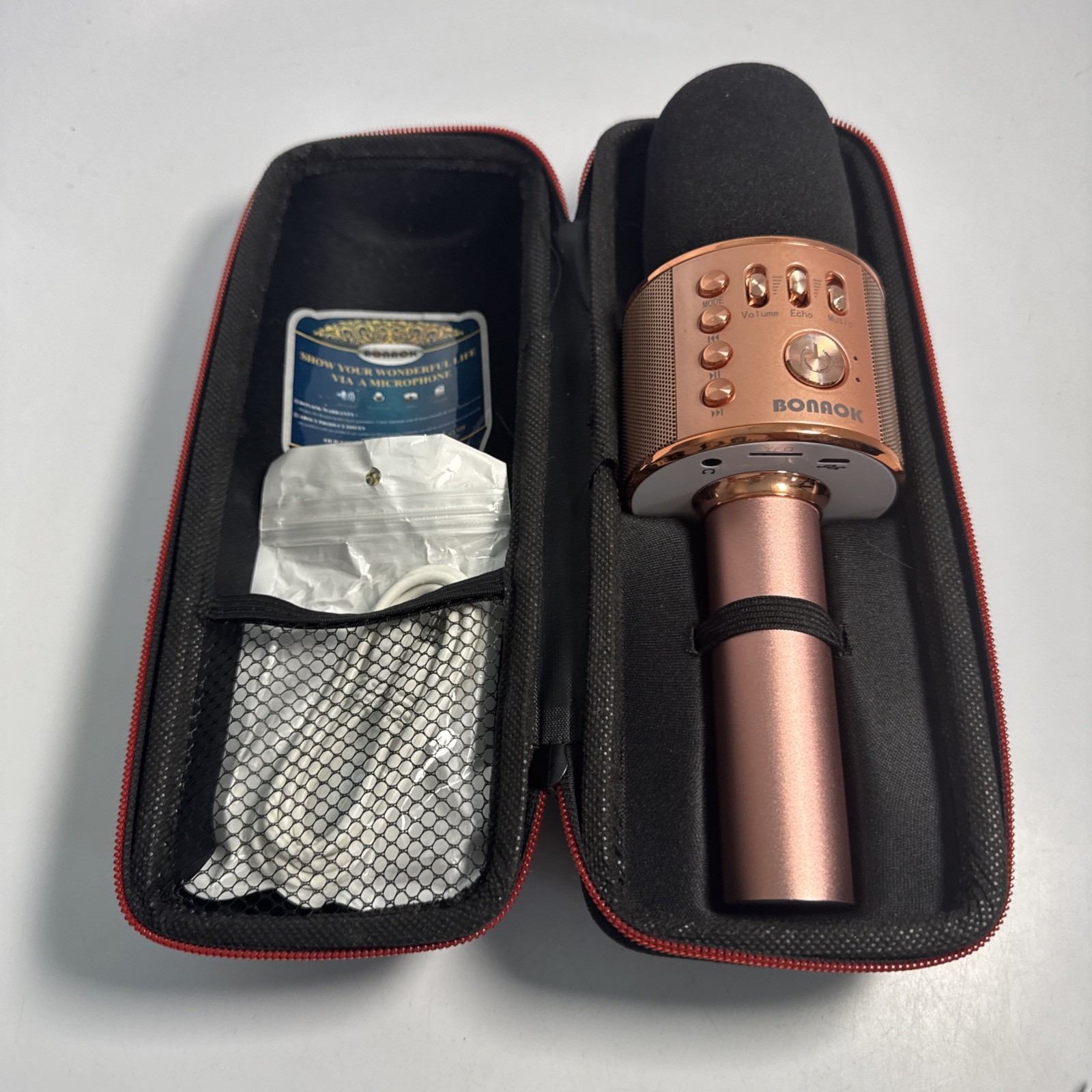 Bonaok Wireless Karaoke Microphone Rose Gold Pink + Case + Cable Sing It