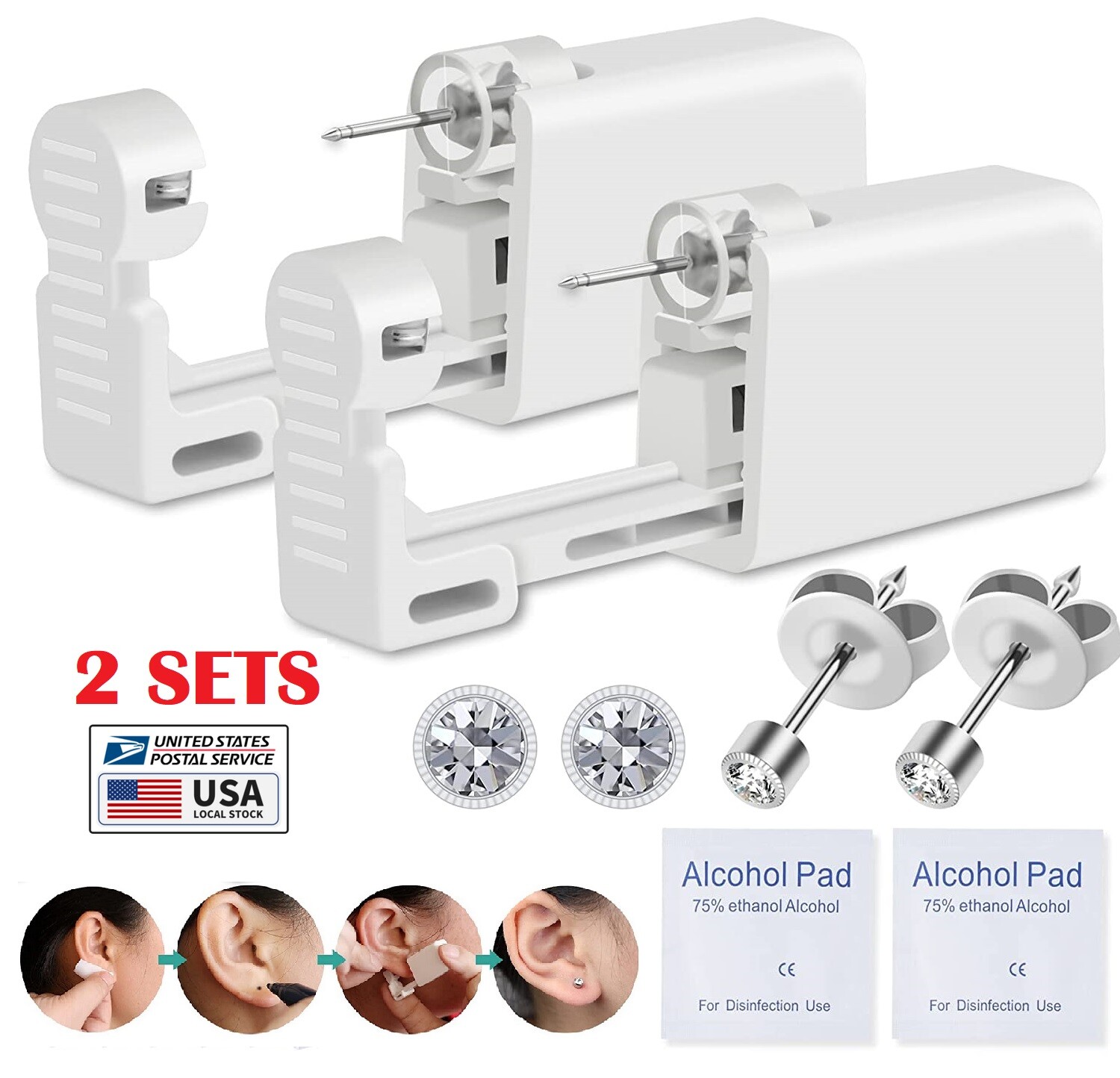 2 Sets Ear Piercing Disposable Kit Silver Stud Earring Gun DIY Home Self Ear USA