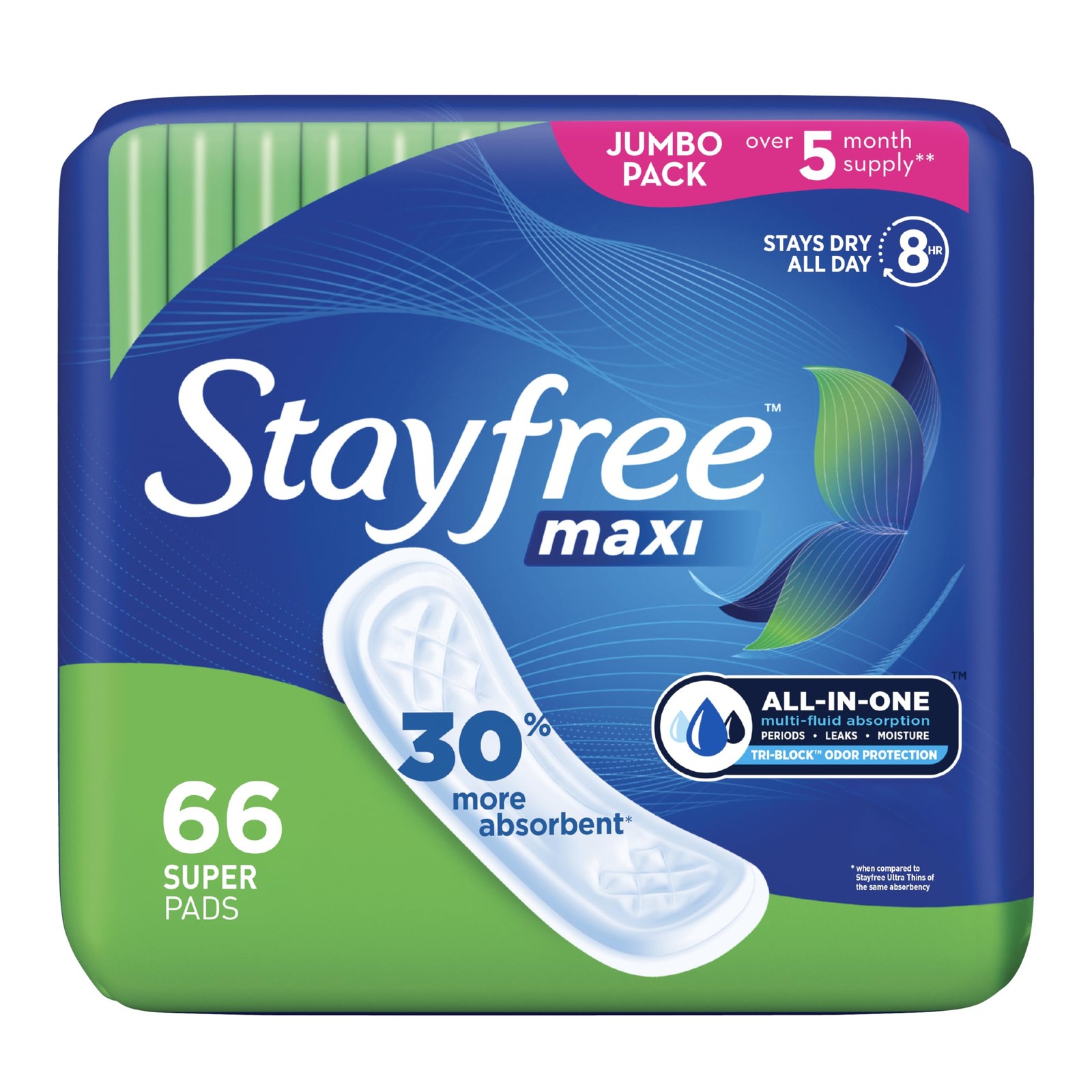 Stayfree Maxi Pads for Women, Super 66 Count (Pack of 1), No Artificial Color
