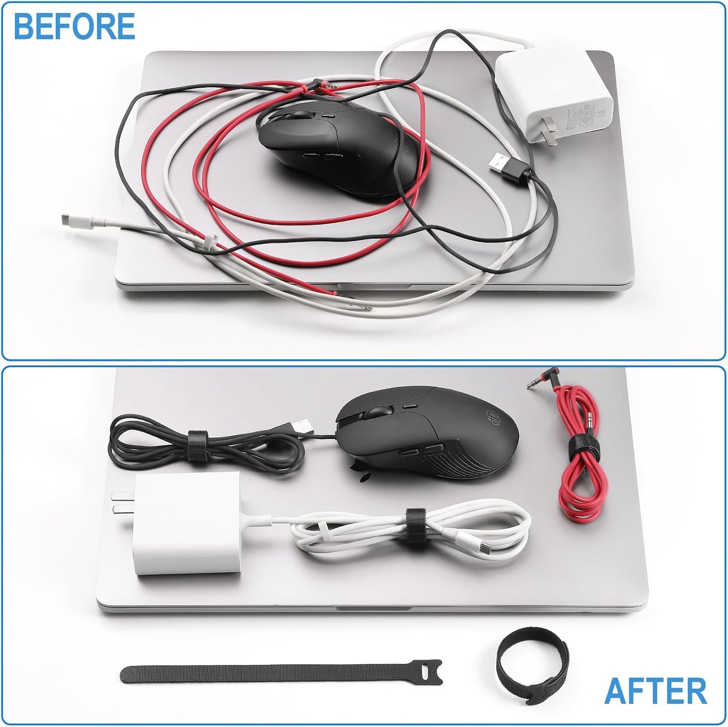 100 PCS Reusable Cable Ties, 8 Inches, Adjustable Cord Wraps, Hook & Loop