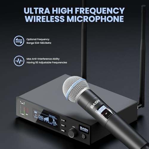 BASN UHF Dual Channel Wireless Microphone System - Handheld Mics for White-Black