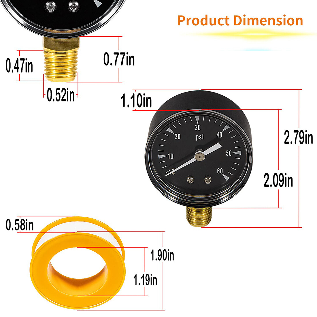 0-60 PSI Pressure Gauge R0556900 0.25" MPT for Zodiac Jandy CS CJ Series CS100